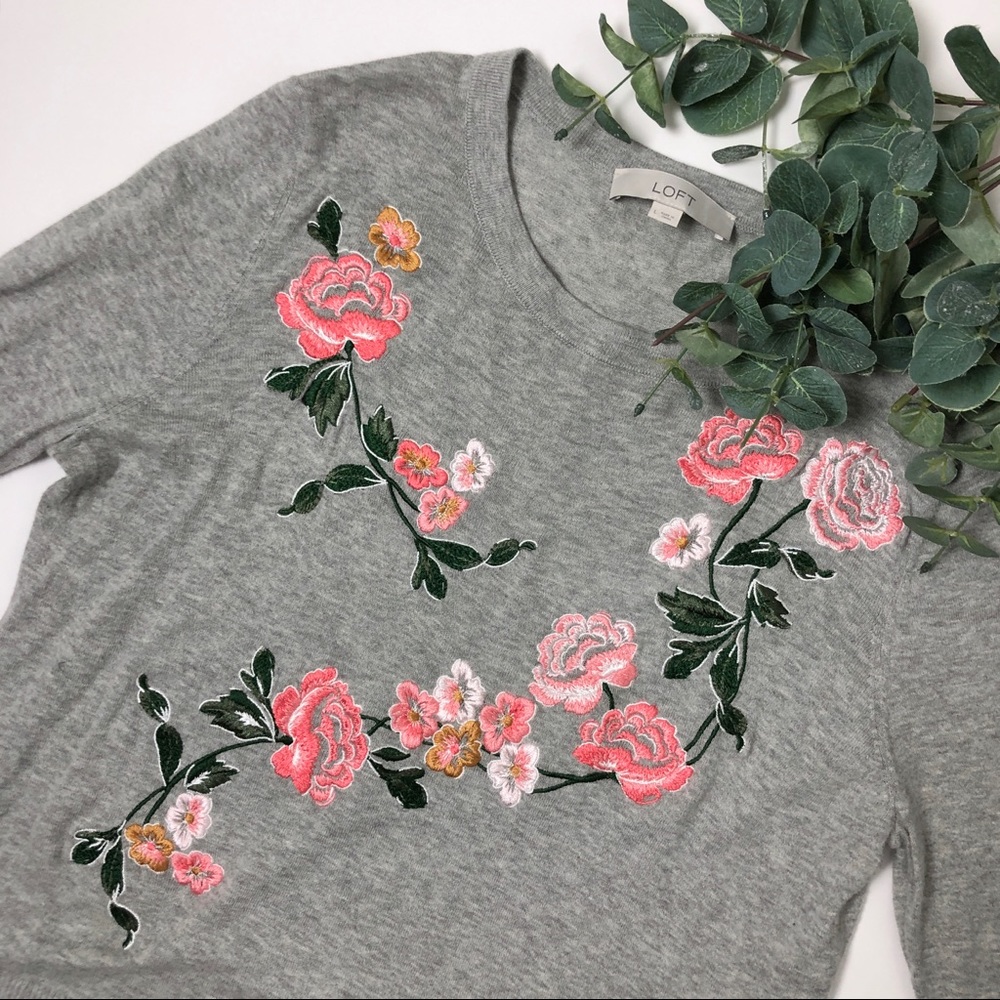 Loft Embroidered Slit Cuff Sweater Floral Gray